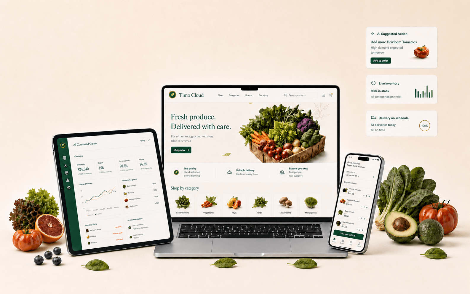Timo Cloud storefront, customer ordering app, and AI operations dashboard displayed across a laptop, tablet, and phone